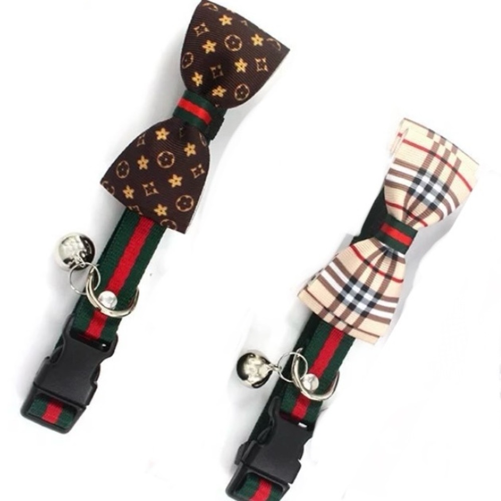 2 BOW BOWKNOT BELL PET CAT & DOG COLLAR. SIZE MEDIUM BEIGE AND BROWN COLOR